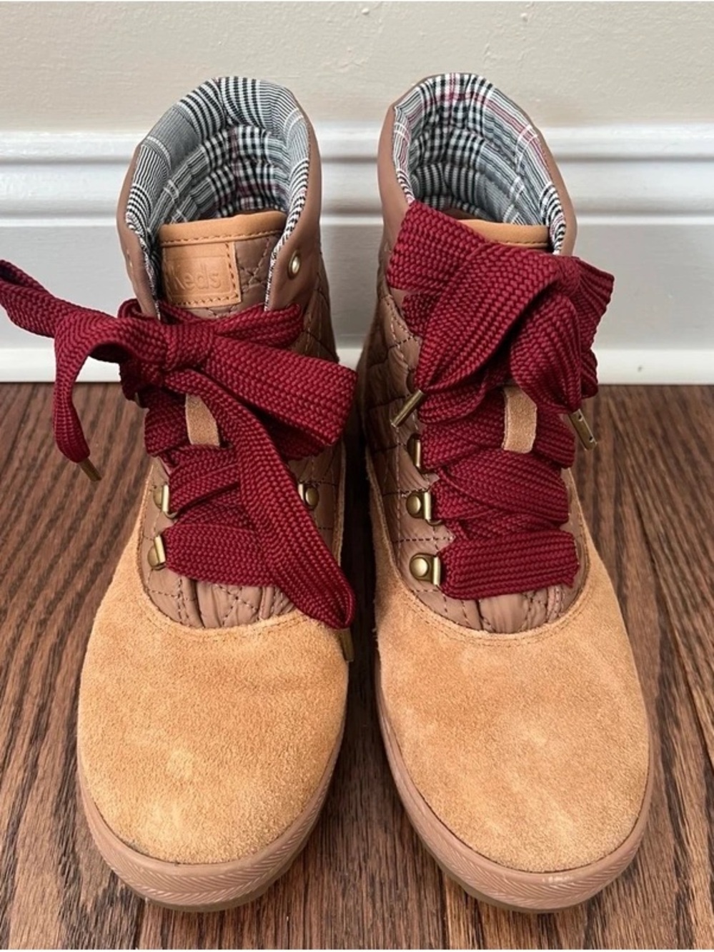 Keds Tan Suede Lace-Up High Top Boots with Burgundy Laces